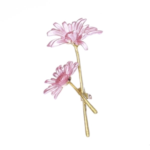 Handcrafted pink enamel daisy flower brooch set with gold-plated metal floral stems
