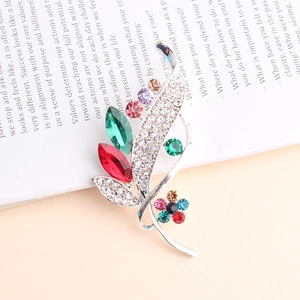 Exquisite floral leaf enamel brooch with colorful rhinestones in silver-tone finish