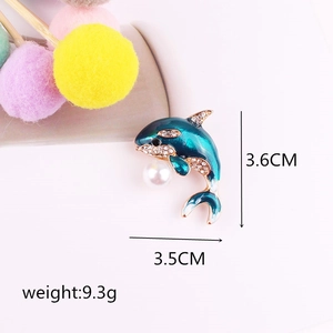 Enameled dolphin brooch with rhinestones and pearl, 3.6cm by 3.5cm size display