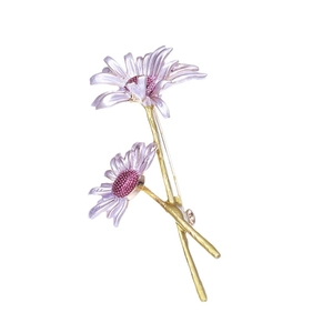 Elegant purple enamel twin daisy brooch with golden stems on a clean white background