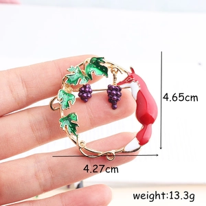 Enamel wreath brooch with cute red fox and purple grapes on golden alloy ring