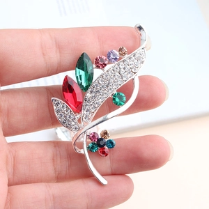 Exquisite plant brooch with colorful rhinestones and leaf enamel on alloy base