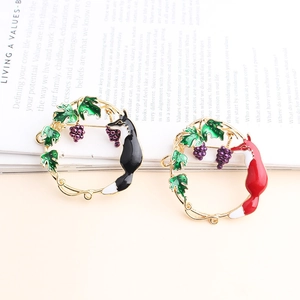 Creative enamel fox and grape wreath brooch set with gold finish and vibrant colors
