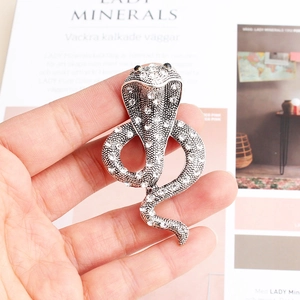 Vue détaillée d'une broche serpent en argent sertie de strass blancs scintillants