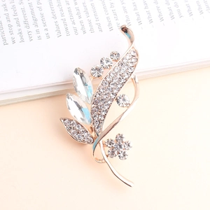 Elegant Zinc Alloy Leaf Flower Brooch Pin With Rhinestone Crystal Inlaid Rose Gold Silver Multicolor Breastpin Jewelry Gift