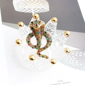 Détail macro d'une broche serpent en alliage doré ornée de strass colorés