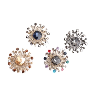 Exquisite flower brooch set with square gemstone centers and radiating crystals in 4 colors