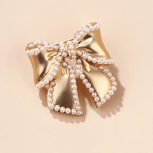 Elegant Alloy Bowknot Brooch With Faux Artificial Pearl Inlaid Vintage Gold Plated Bow Pin For Women Fashion Clothing Accessories
