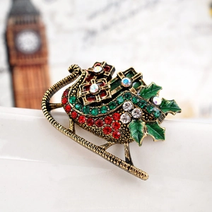 Spilla Slitta di Natale in Lega di Zinco Vintage Strass Rossi Verdi Smalto Foglia di Agrifoglio Confezione Regalo per Donna Uomo Gioielli