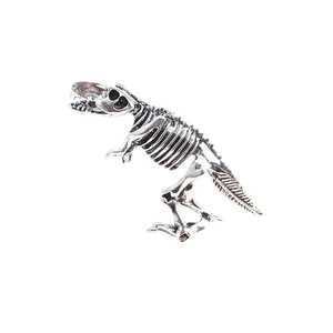 Broche squelette de dinosaure en alliage argenté avec finition oxydée sur fond blanc