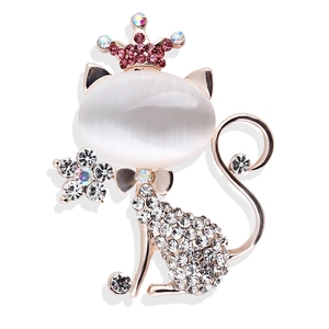 Cat brooch with opal head and pink crystal accents in rose gold finish on white background