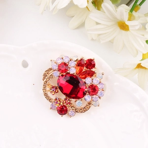 Vintage Zinc Alloy Floral Rhinestone Brooch Pin With Emerald Green Red Oval Artificial Gemstone Elegant Flower Breastpin For Women Banquet Wedding Gift