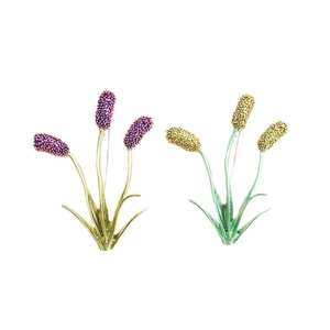 Chic enamel flower pin brooches in purple and gold tones on a clean white background