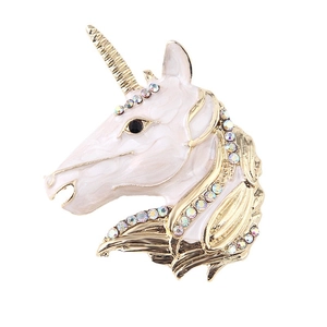 Golden unicorn enamel brooch pin with rainbow crystals and white finish detail