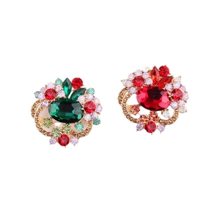 Vintage floral crystal brooches with oval emerald green and ruby red stones in gold plating