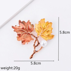 Autumn maple leaf enamel brooch with red yellow gradient glitter and pearl detail