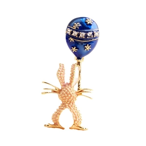 Spilla a forma di coniglio cartone animato con palloncino smaltato blu e strass lucidi