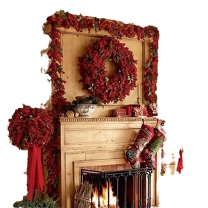 Red berry Christmas wreath and garland set for holiday fireplace decoration