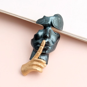 Artistic minimalist gold and blue silence mask brooch for suit jackets and accessories
