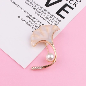 Creative ginkgo leaf enamel brooch with white pearl and rhinestones in gold finish
