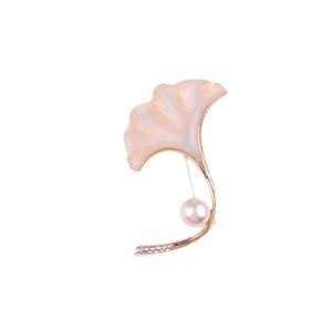 Elegant gold ginkgo leaf brooch with pink enamel, central pearl, and zircon inlay detail