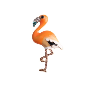 Elegant flamingo brooch with orange enamel finish and sparkling crystal accents