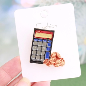 Creative calculator and coins enamel brooch pin on a fashion card for coat decoration