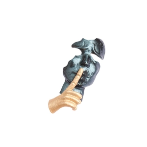 Artistic silent mask figurine with matte dark green finish and gold hand gesture detail