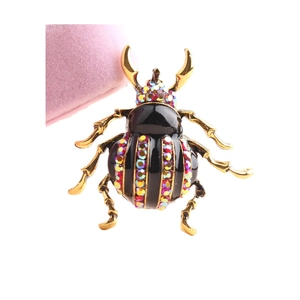Exquisite beetle brooch with colorful rhinestones and black enamel on gold alloy