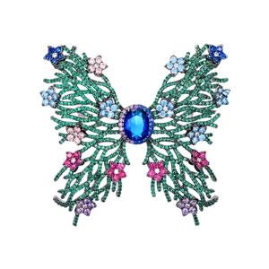 Luxury butterfly brooch with green micro-pave zircons and large blue centerpiece stone