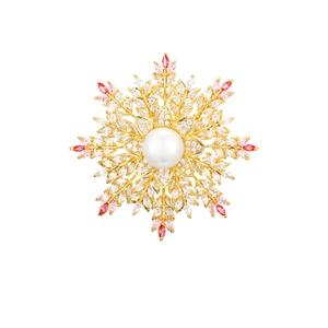 Luxury gold snowflake brooch with pearls and sparkling red marquise crystals