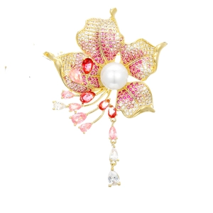Elegant gold flower brooch with pink zircon petals, pearl center and crystal tassel