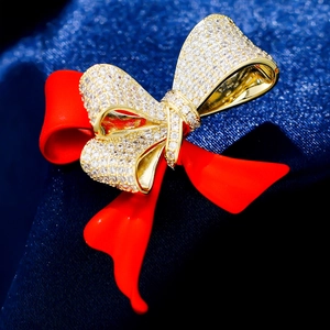 Elegant Red Enamel Bowknot Brooch For Women Gold Plated Copper Micro Paved Zircon Pins Fashion Wedding Banquet Jewelry Gift