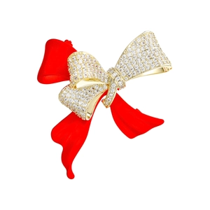 Elegant double-layered bow brooch with red matte finish and micro-set cubic zirconia