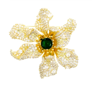 Luxury 3D flower brooch with white zircon petals and a green gemstone center on gold base