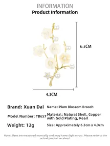 Detail specifications of shell flower brooch made with natural shell and gold-plated copper