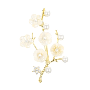 Elegant gold plum blossom brooch with shell petals and white pearls on white background