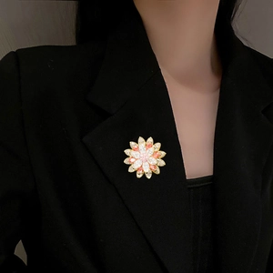 Sparkling triple-layer lotus flower zircon brooch pin for women on black blazer