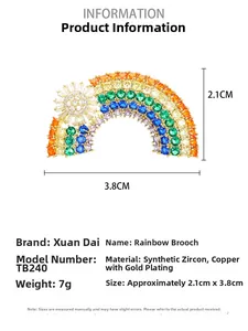 Detailed view of rainbow sun brooch with 3.8x2.1cm dimensions and 7g weight data