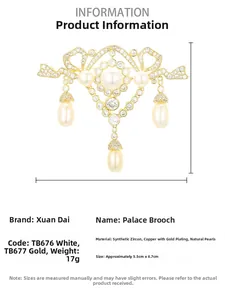Detailed view of luxury bow brooch with white zircons, pearls and exact size dimensions