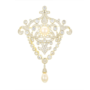 Broche style rétro avec perles d'eau douce et zircons sur monture en métal doré