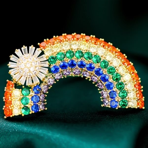 Korean Fashion Luxury Rainbow Sun Brooch For Women Copper Zirconia Rhinestone Pin For Suits Coats Bags Accessories Jewelry
