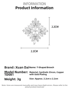 Macro detail of snowflake brooch made of copper gold plating and synthetic zircon