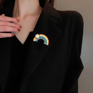 Rainbow crystal brooch with sun flower detail pinned on a premium black suit lapel