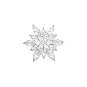 Elegant snowflake brooch with marquise-cut zircons in silver petals setting