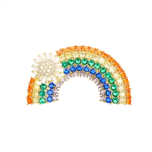 Elegant gold rainbow and sun brooch with colorful gemstone inlay for suits and coats