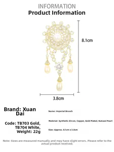 Detailed view of Baroque gold brooch with natural pearls and zircon inlays on white background