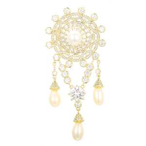 Regal gold plated pearl brooch with micro-pasted cubic zirconia and drop pendants