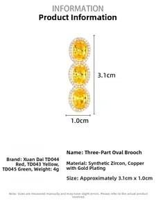 Detail view of triple oval zircon brooch in gold-plated copper with size dimensions