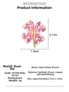 Macro view of pink zircon four-leaf clover brooch pin with precise product dimensions